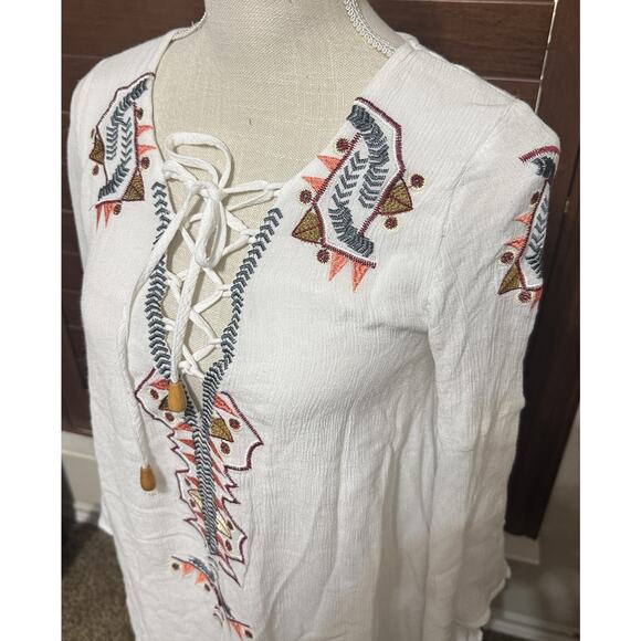 DRESS Lulus my bell-loved ivory embroidered Mini dress Tunic Lace Up Neckline S - Picture 9 of 10